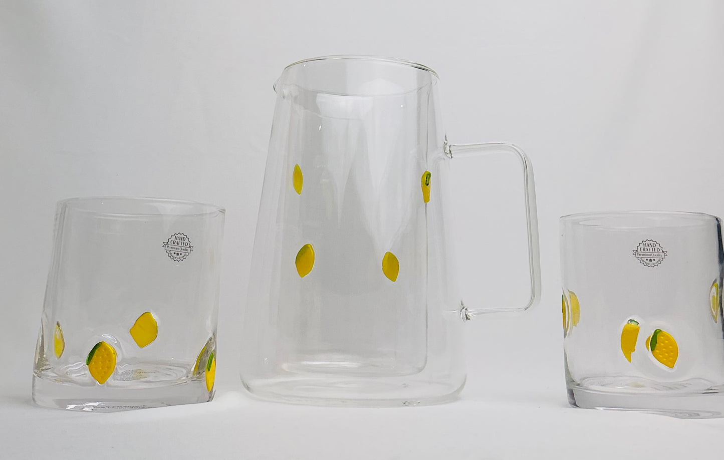 Anthropologie Dupe set of 3 including a Pitcher(7..75”)& 2 Tumblers lemon design, vintage