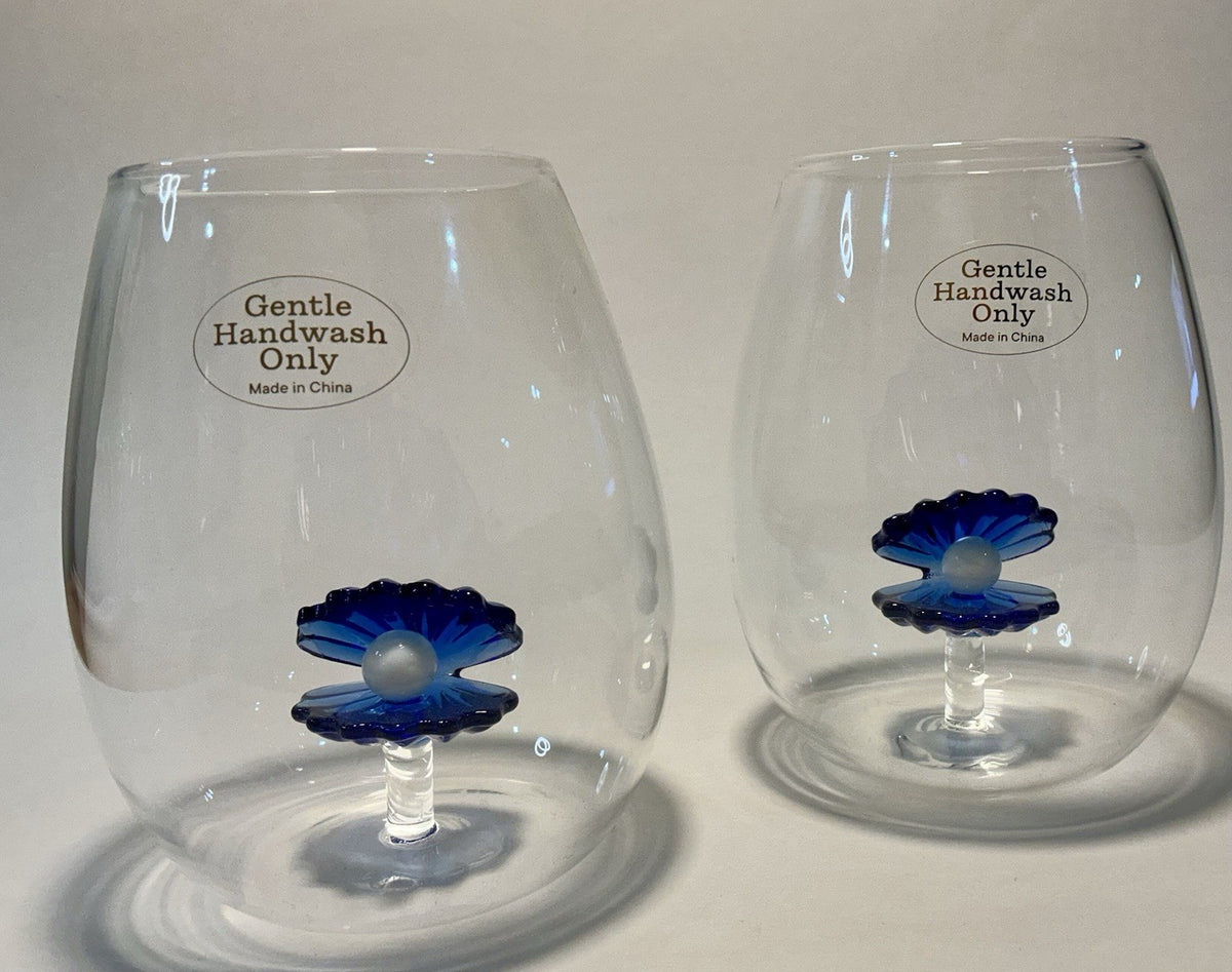 x2 Blue Floating Oyster Shell Pearl Stemless Wine Glass Set Clam Beach Ocean 5”