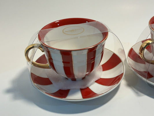 Grace Teaware Set of  2 Teacup & Saucer Large Red & White Stripes WITH CREAMER