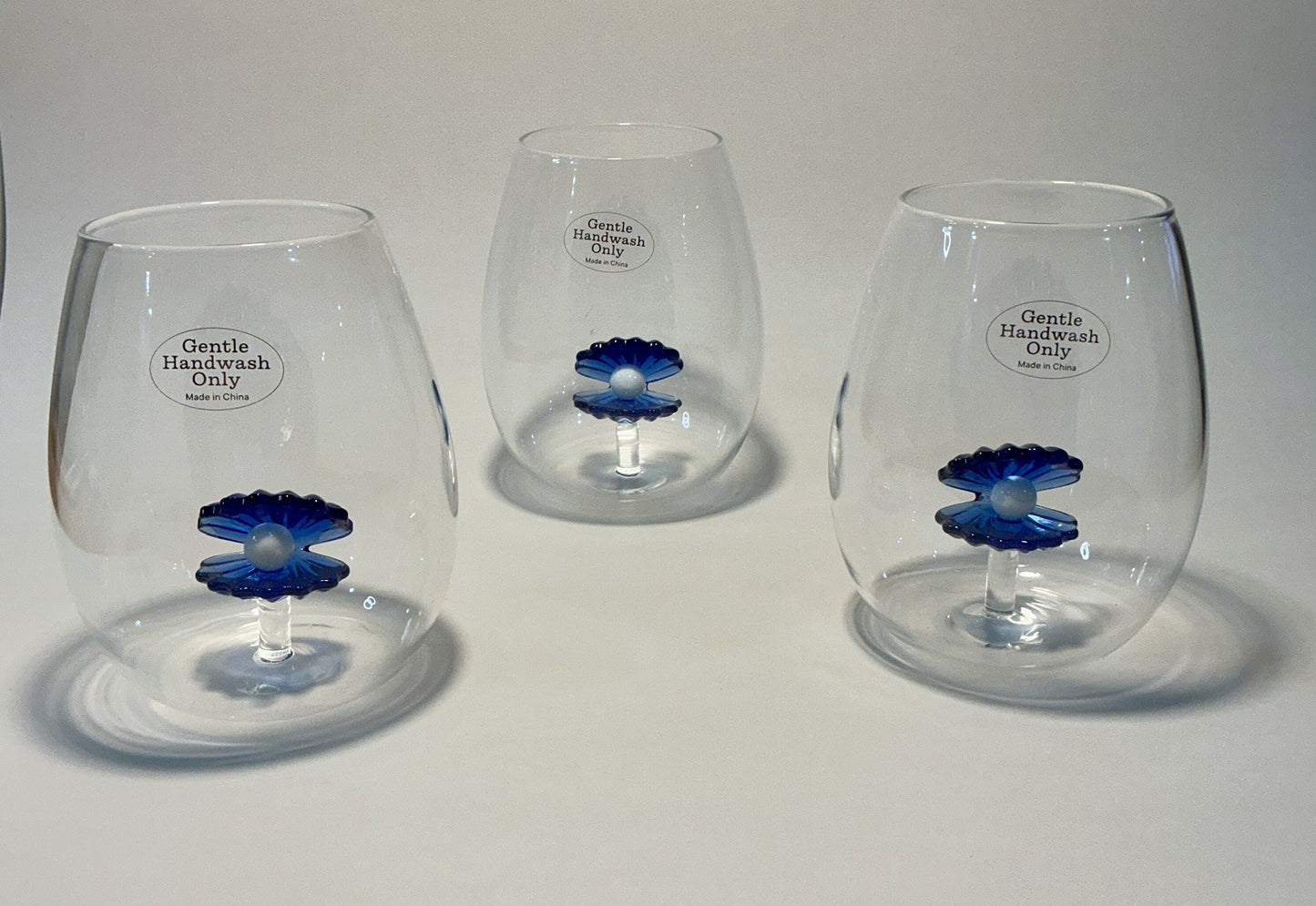 Set of 3 Blue Floating Oyster Shell Pearl Stemless Wine Glass Set