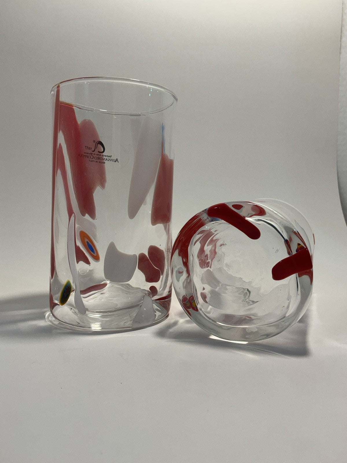 Set of 2 Arte Di Murano white and red  Tumblers by Alessandro Coppola 16oz