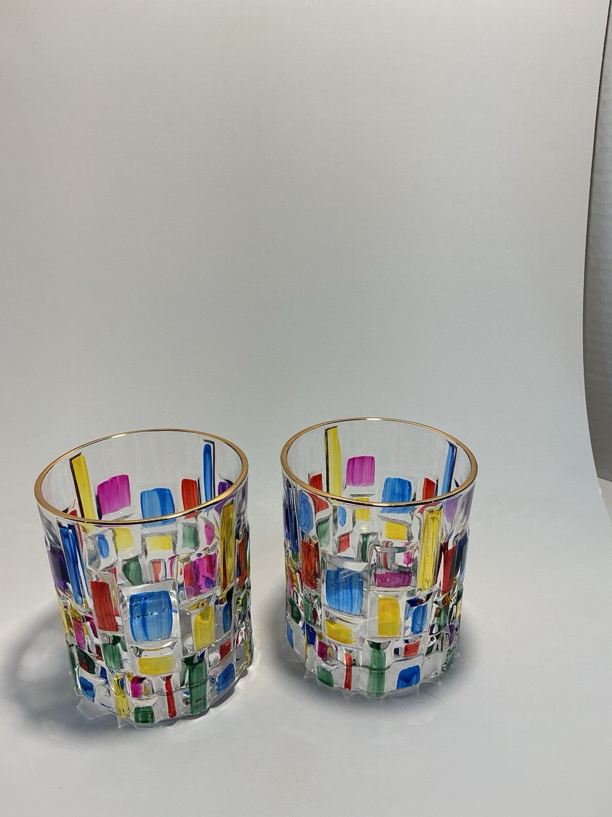 Gusto Buono Multicolor Glasses With Gold Rim 2pcs Set Hand Painted Italian