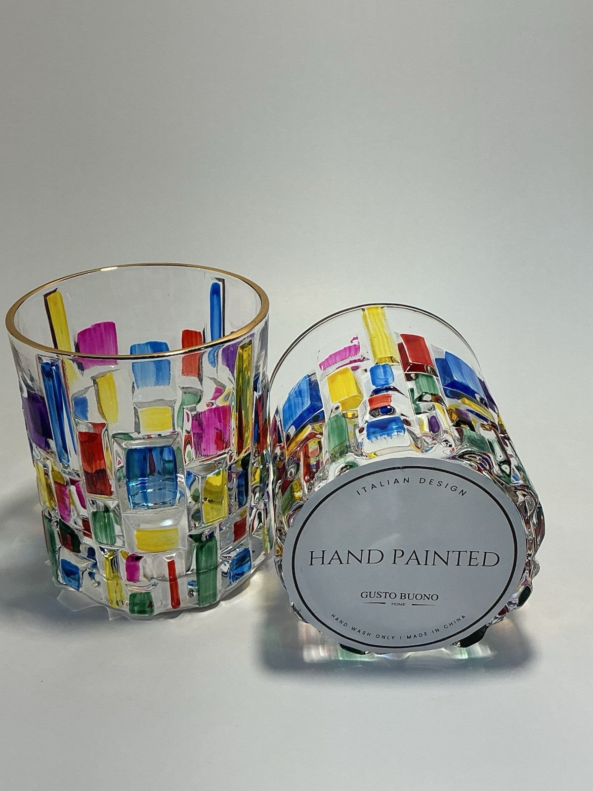 Gusto Buono Multicolor Glasses With Gold Rim 2pcs Set Hand Painted Italian