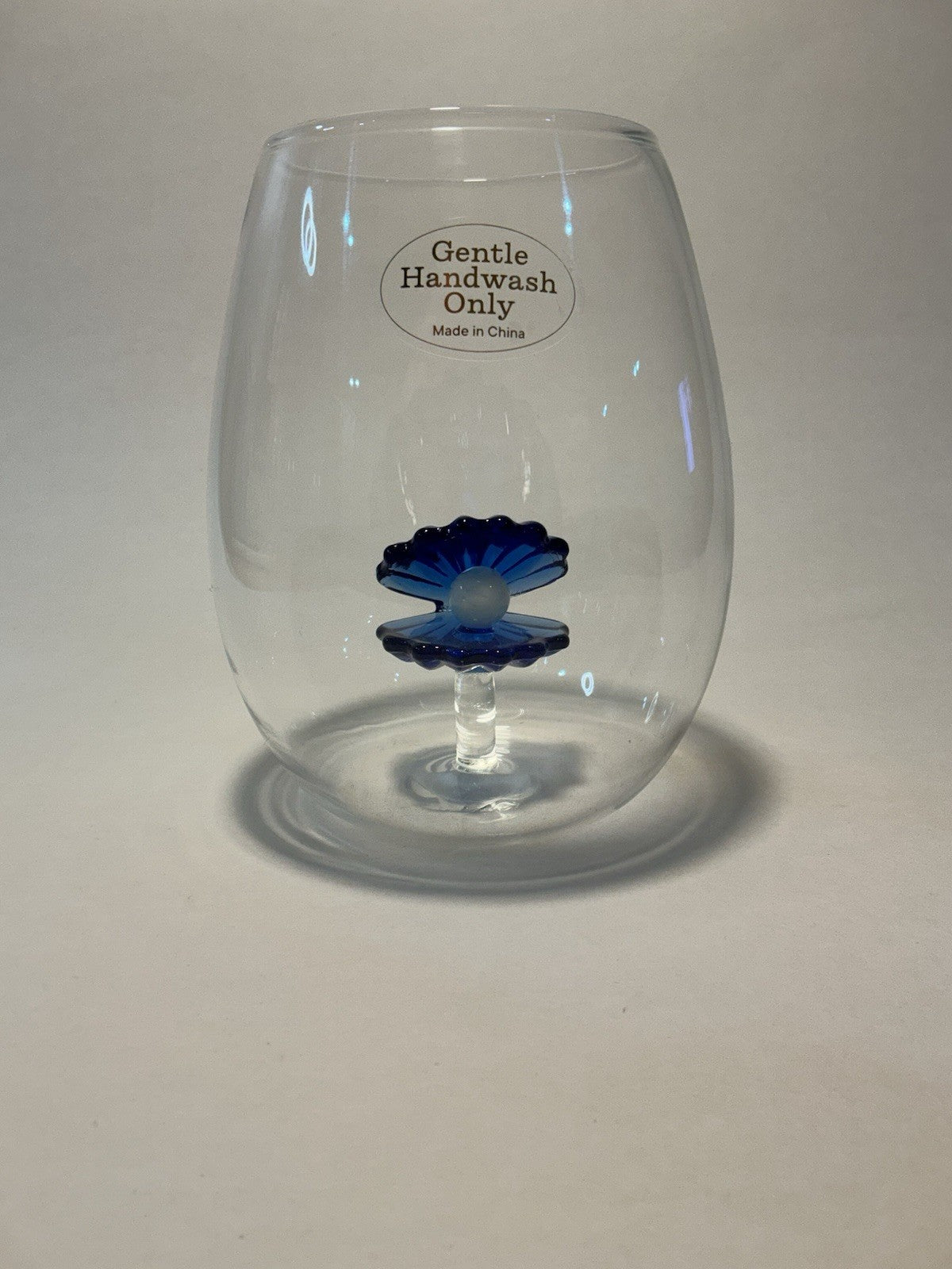 x2 Blue Floating Oyster Shell Pearl Stemless Wine Glass Set Clam Beach Ocean 5”