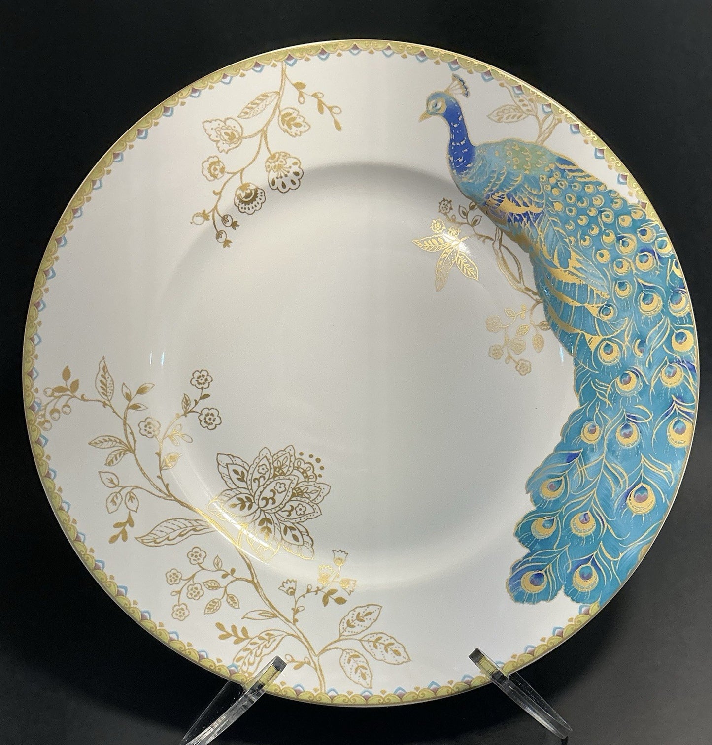 222 Fifth Peacock Garden Porcelain Dinner Plate Gold Floral 10 3/4 “