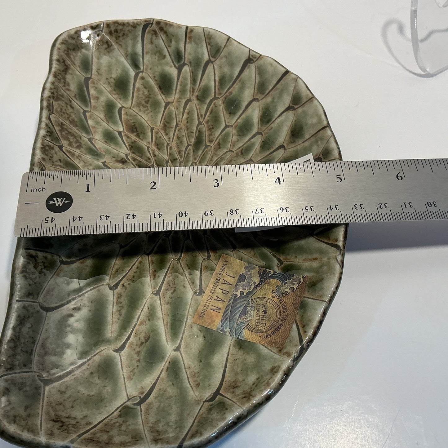 D Shaped 8.3” Moss Net Design Made In Japan Green Tempura Plate Made Of Minoyaki