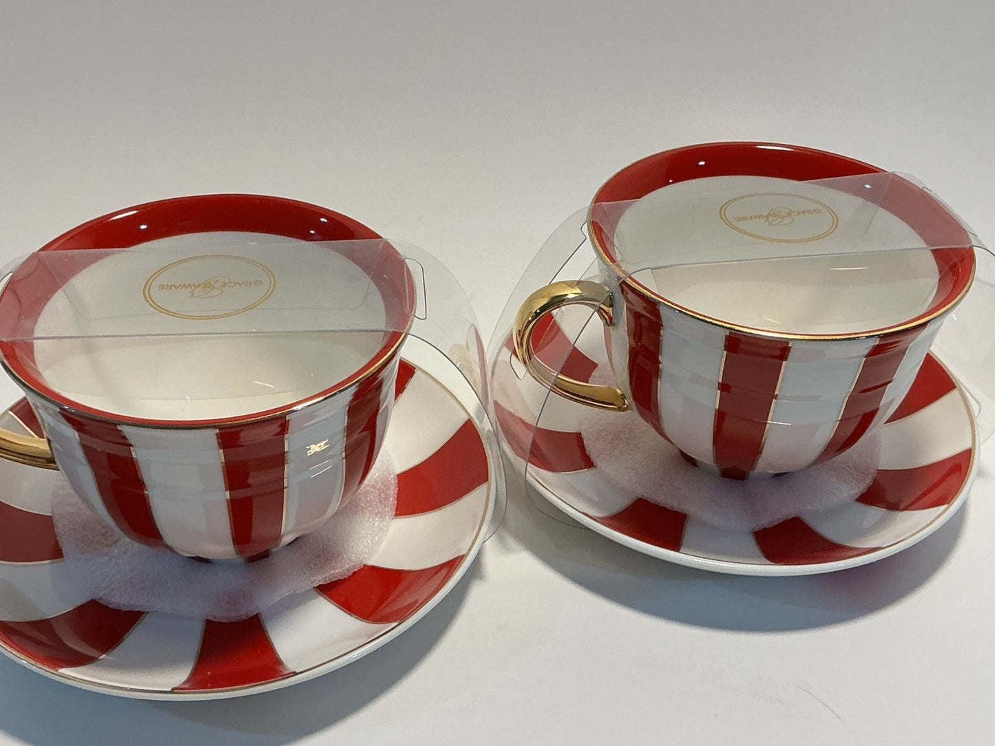 Grace Teaware Set of  2 Teacup & Saucer Large Red & White Stripes WITH CREAMER