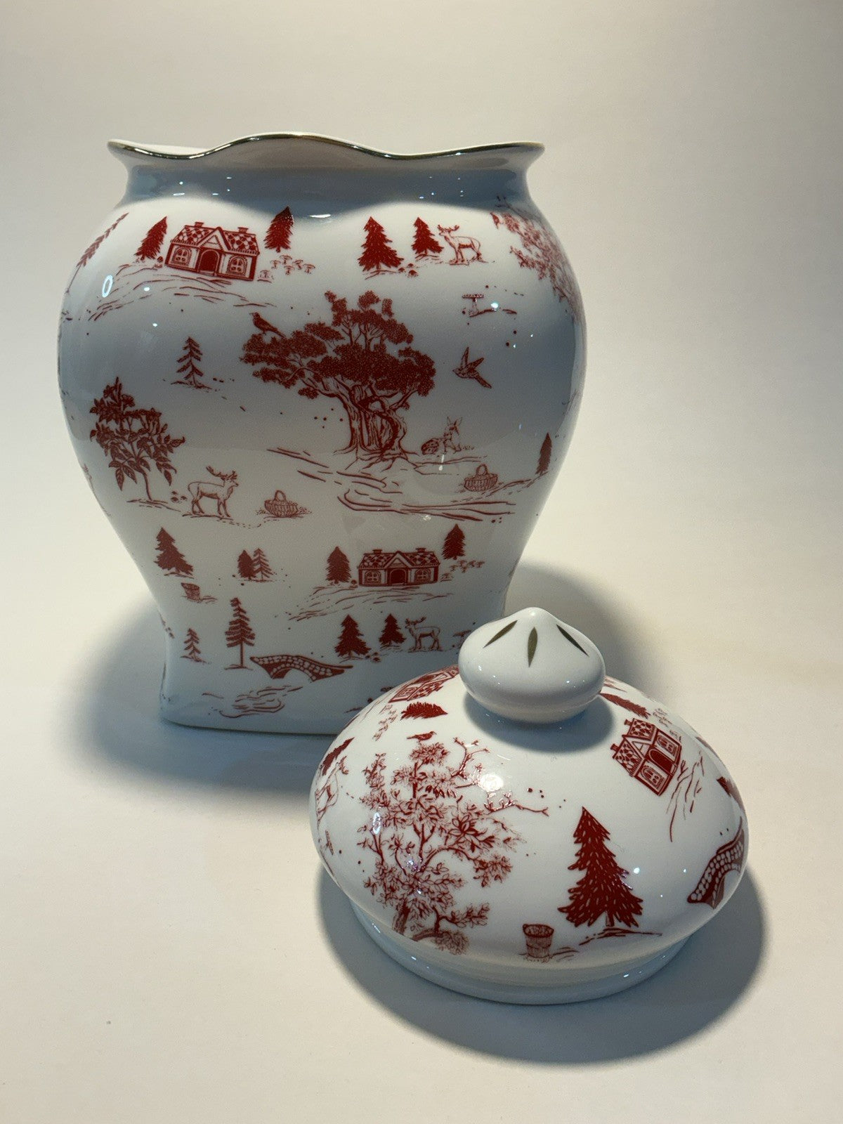 Grace Teaware Cookie Jar 7” High Red Village Toile Winter Scene 4”diameter