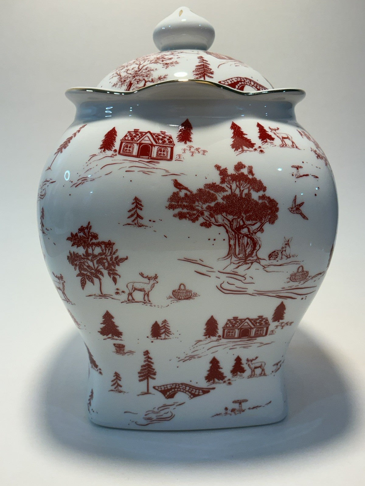 Grace Teaware Cookie Jar 7” High Red Village Toile Winter Scene 4”diameter