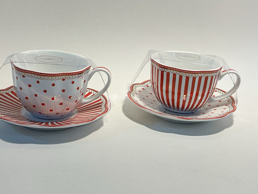 Grace Teaware Red Josephine Stripes and Dots Tea Cup And Saucer Set Of 2