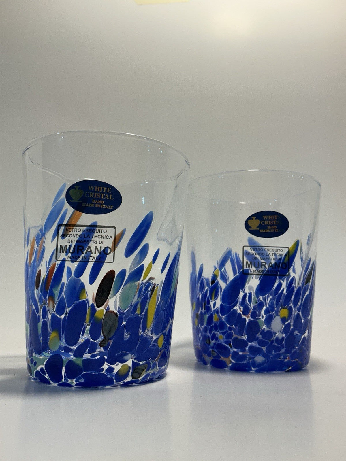 Murano Style Vetro Eseguito Drinking Glass Set Of 2 Blue/multi 8oz Made In Italy