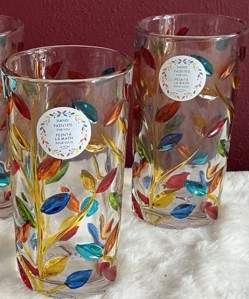 Milano Highball Glasses Set of 2 – Hand Painted Colorful Leaf Vine Design, New