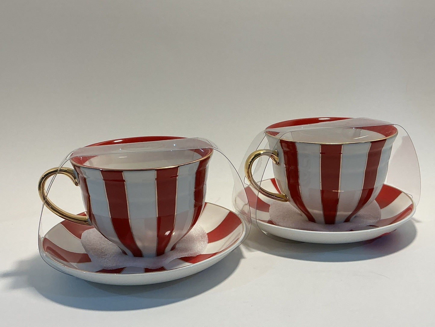Grace Teaware Set of  2 Teacup & Saucer Large Red & White Stripes WITH CREAMER