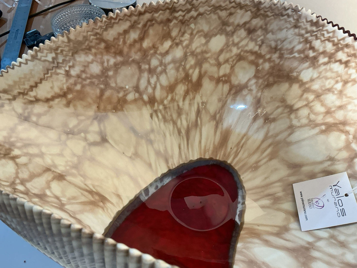 Yalos Murano  18.5 inches Iridescent Glass Abalone Mother of Pearl Folded Bowl