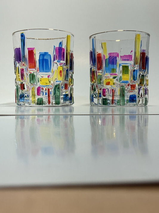 Gusto Buono Multicolor Glasses With Gold Rim 2pcs Set Hand Painted Italian
