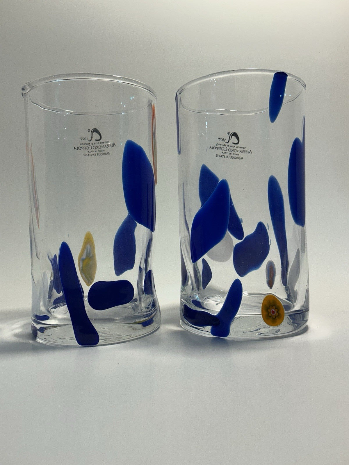 Set of 2 Arte Di Murano Blue Short Stripes Tumblers by Alessandro Coppola 16oz