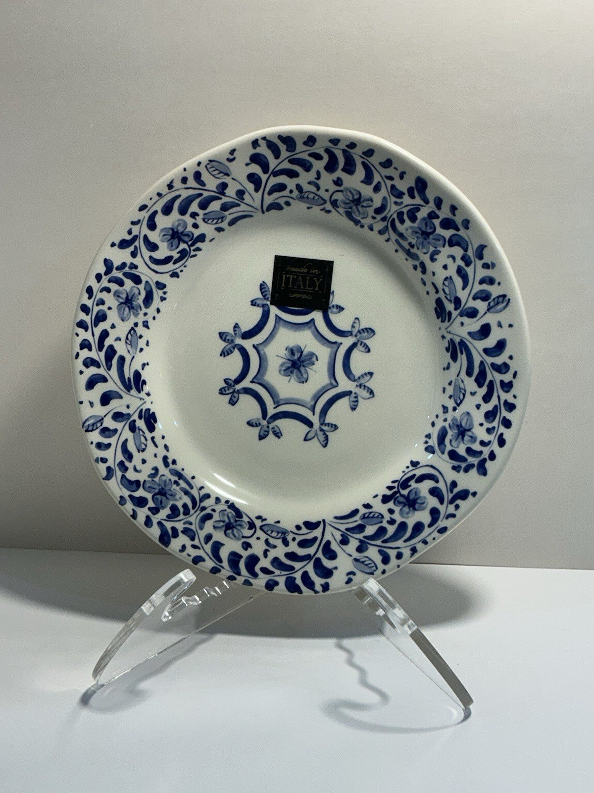 Handmade Italian Ceramic Blue Plate, Floral Design, 8.5”