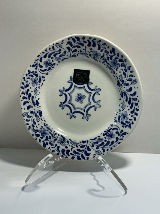 Handmade Italian Ceramic Blue Plate, Floral Design, 8.5”