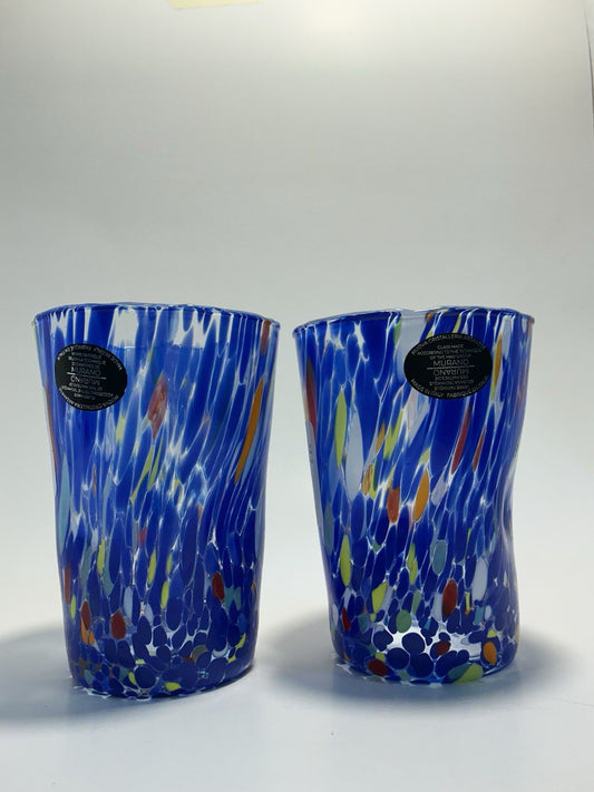 MURANO Crystalleria Set of 2 Blue/Multi Hand Blown Glass Tumbler 12oz Italy