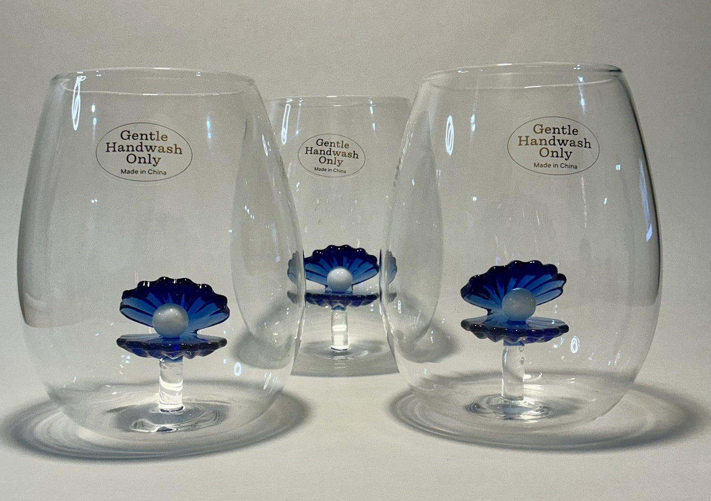 Set of 3 Blue Floating Oyster Shell Pearl Stemless Wine Glass Set