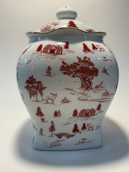 Grace Teaware Cookie Jar 8” High Red Village Toile Winter Scene 5” diameter