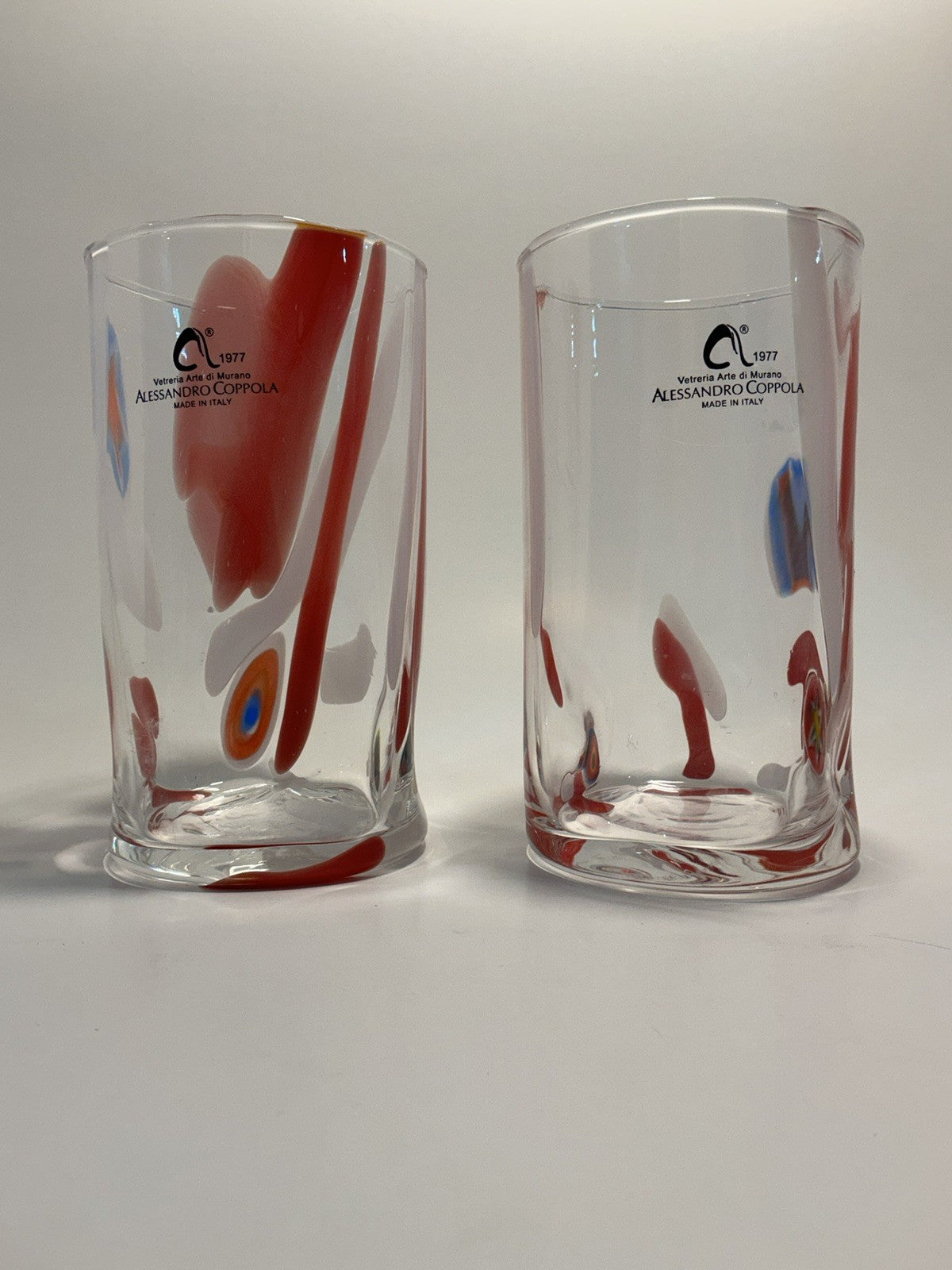 Set of 2 Arte Di Murano white and red  Tumblers by Alessandro Coppola 16oz