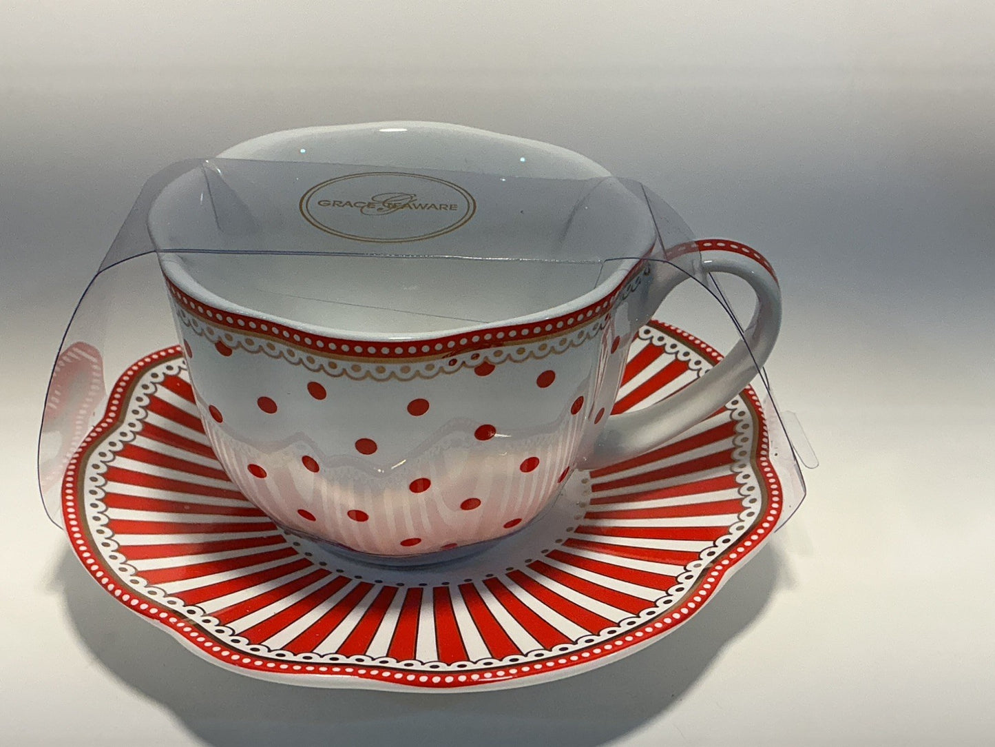 Grace Teaware Red Josephine Stripes & Dots Tea Cup Saucer only 1cup &  1saucer