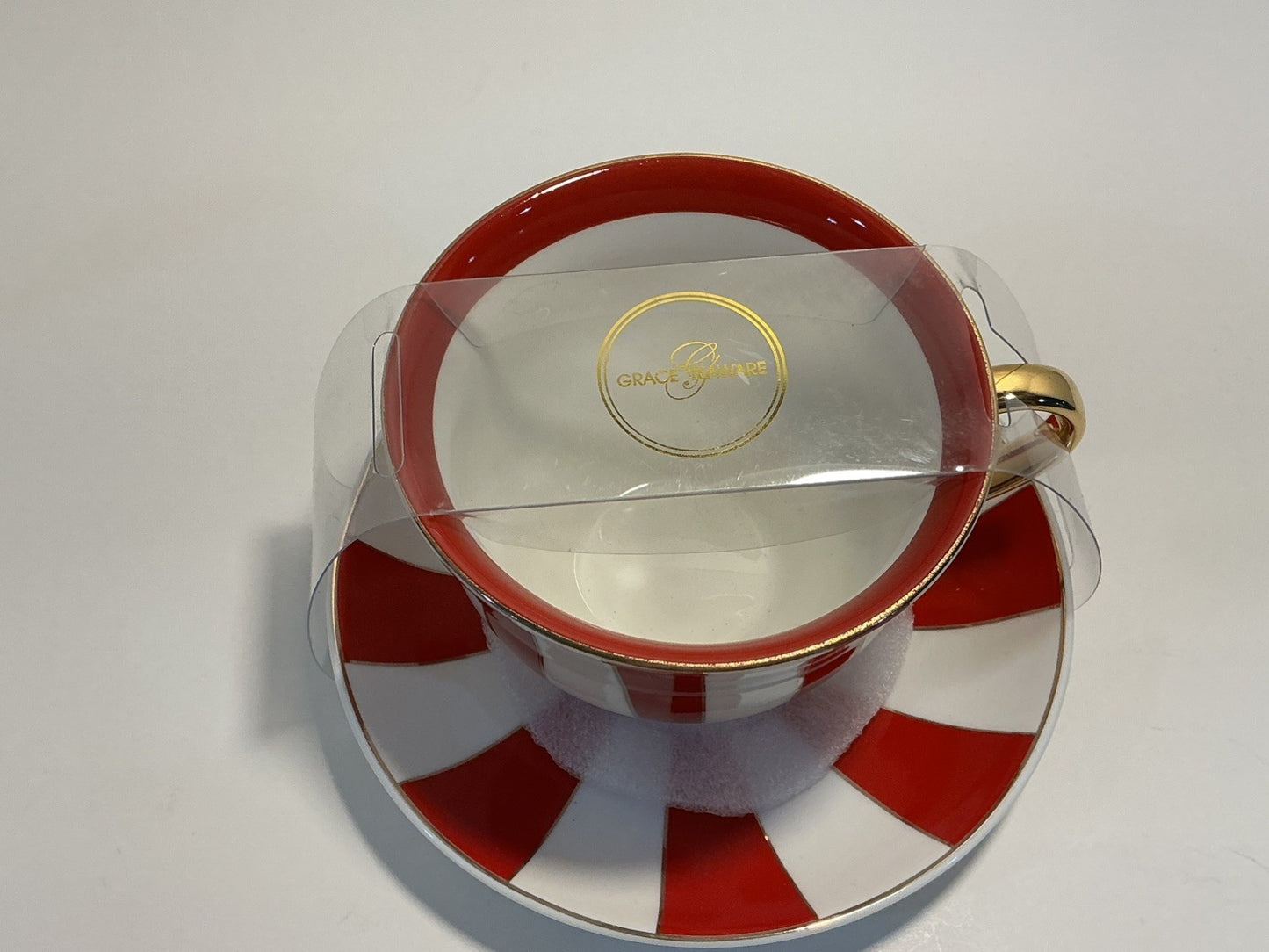 Grace Teaware Set of  2 Teacup & Saucer Large Red & White Stripes WITH CREAMER