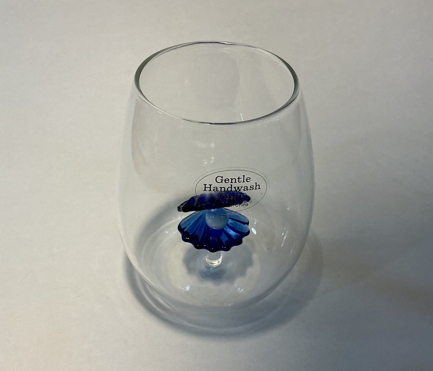 Set of 3 Blue Floating Oyster Shell Pearl Stemless Wine Glass Set