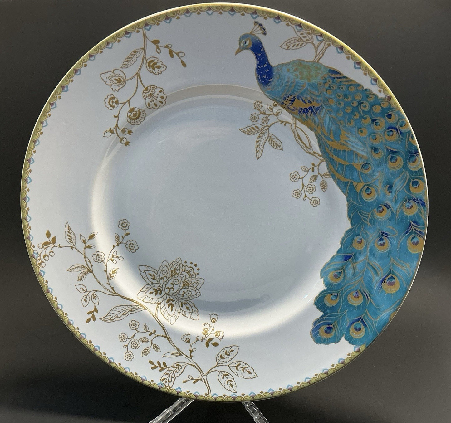 222 Fifth Peacock Garden Porcelain Dinner Plate Gold Floral 10 3/4 “