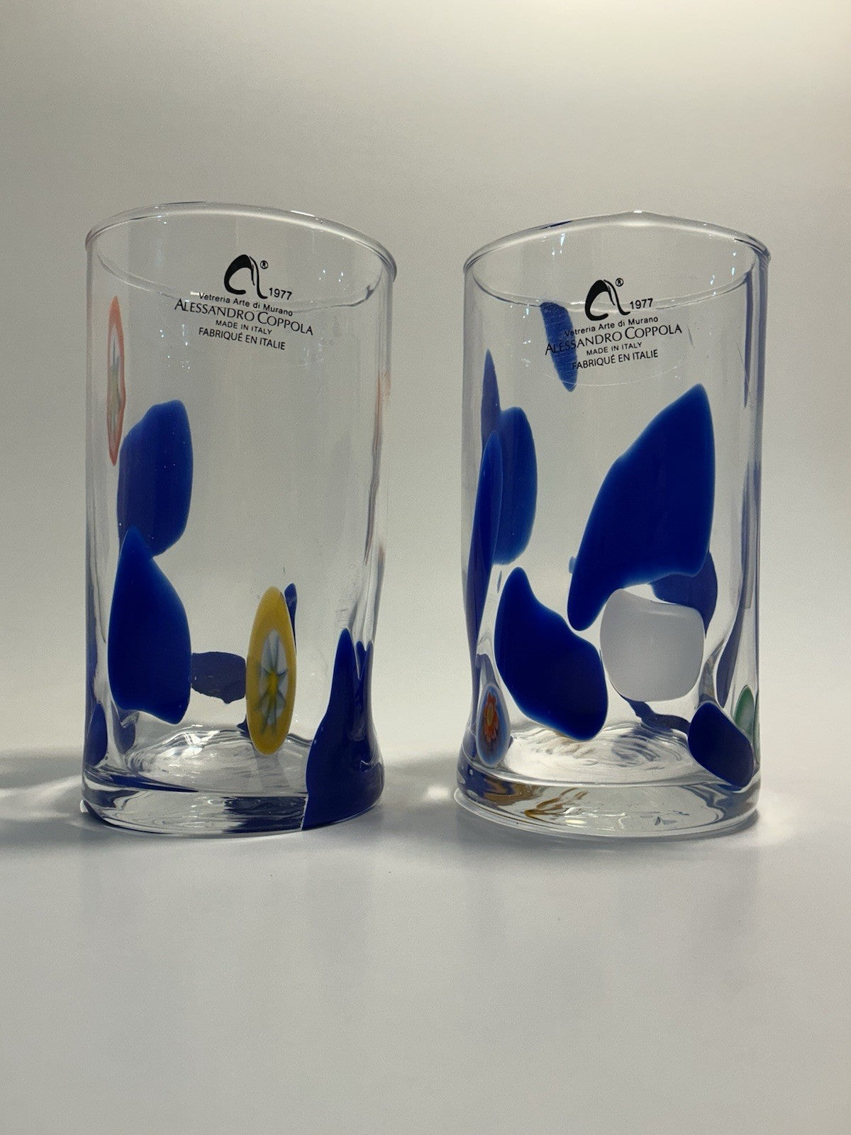 Set of 2 Arte Di Murano Blue Short Stripes Tumblers by Alessandro Coppola 16oz
