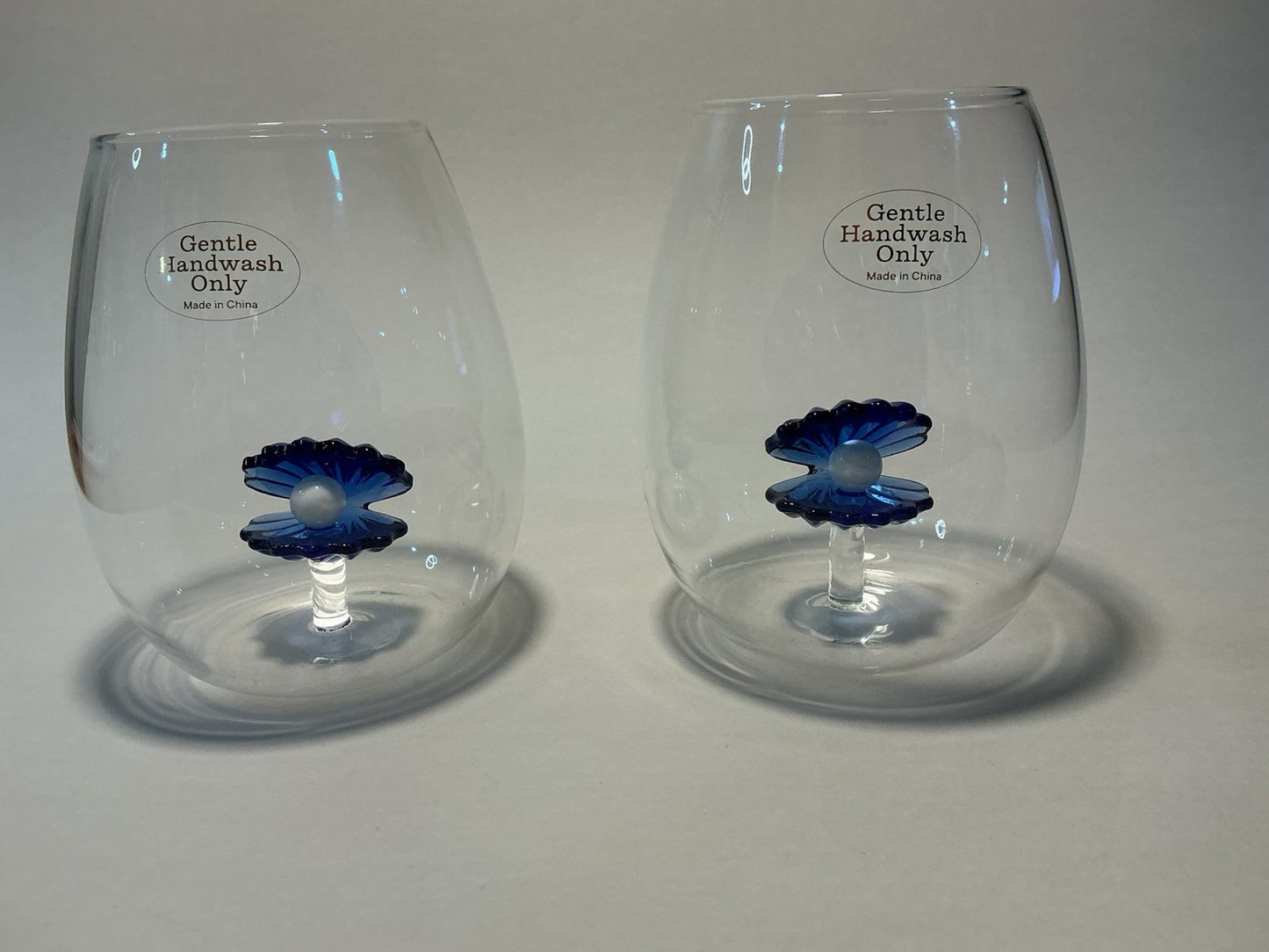 x2 Blue Floating Oyster Shell Pearl Stemless Wine Glass Set Clam Beach Ocean 5”