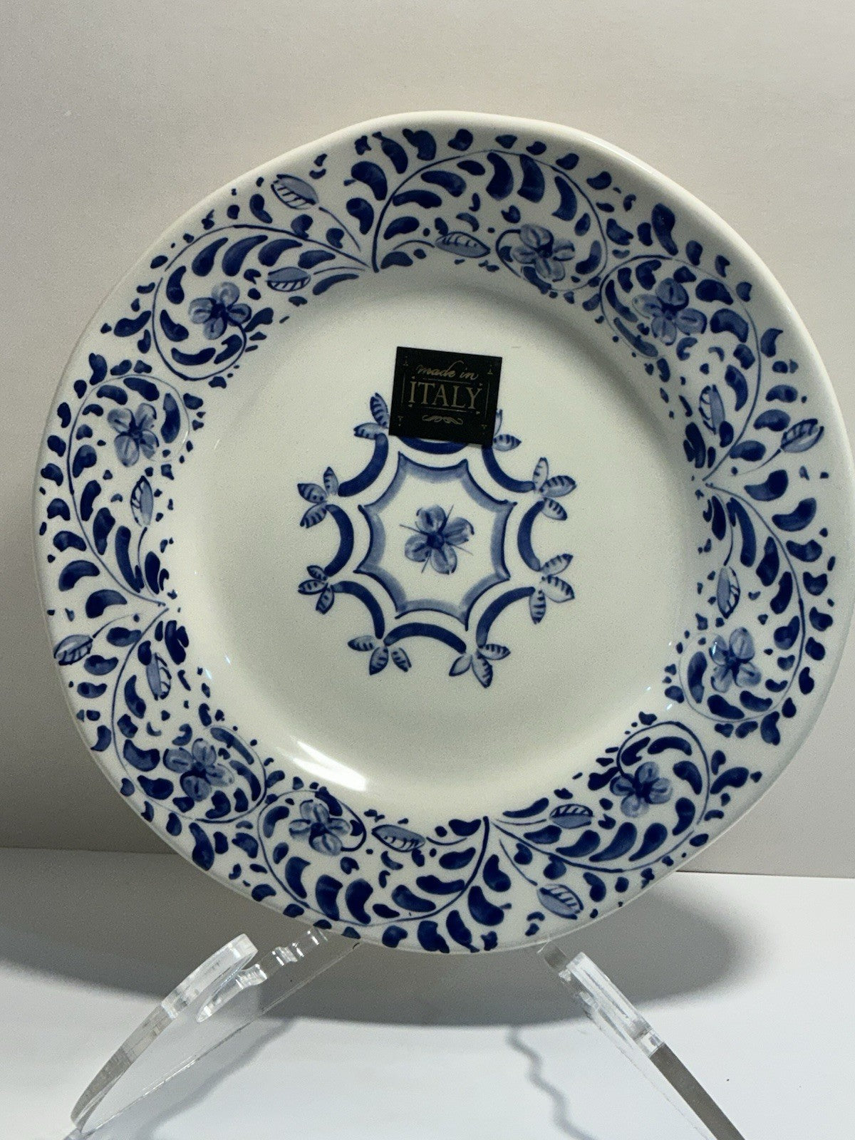 Handmade Italian Ceramic Blue Plate, Floral Design, 8.5”