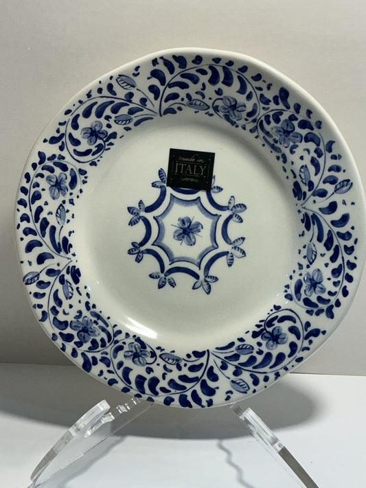 Handmade Italian Ceramic Blue Plate, Floral Design, 8.5”