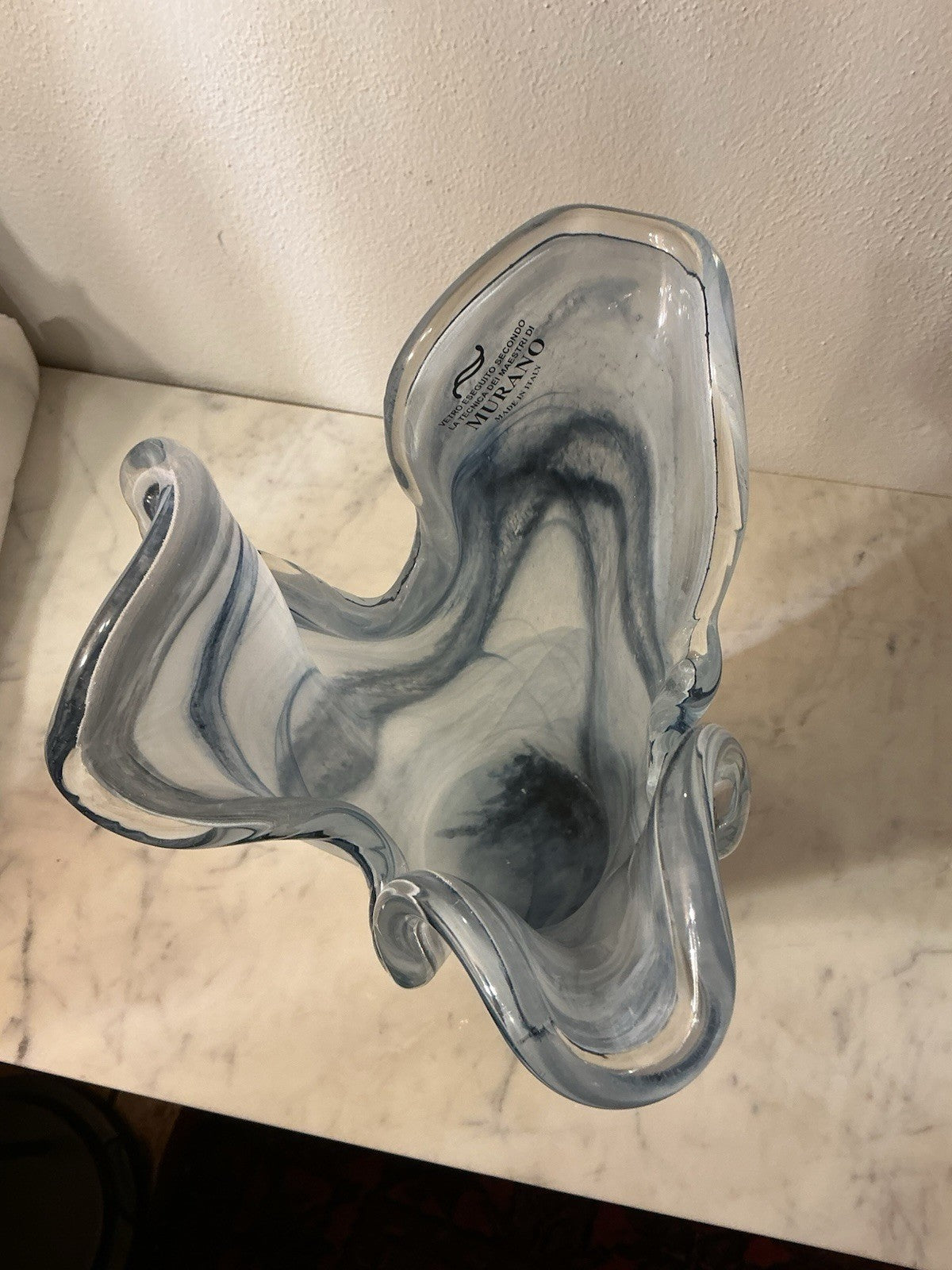 Murano Art Glass Vase Ruffled Blue 10.5”Tall Italy. Hand Blown
