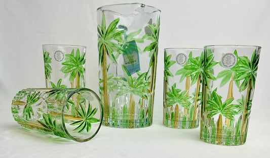 Retro Hand-Painted Tropical Palm Tree Glassware Set- 50fl oz- Pitcher & 4 or 6 Highball Glasses