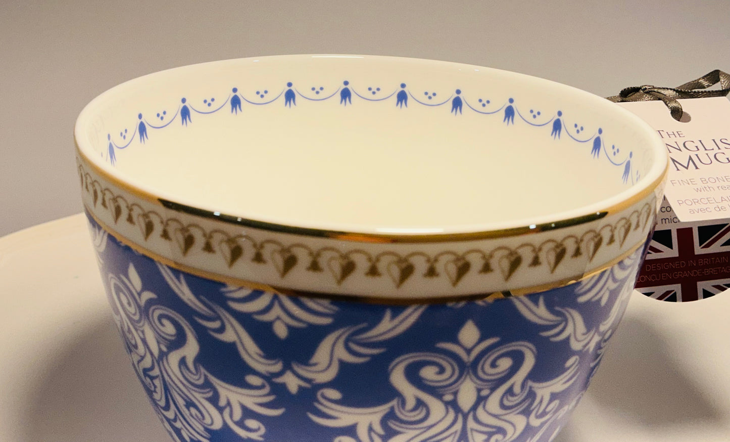 The English Mug co.Old Pottery Bone In China Blue Gold Boho Design