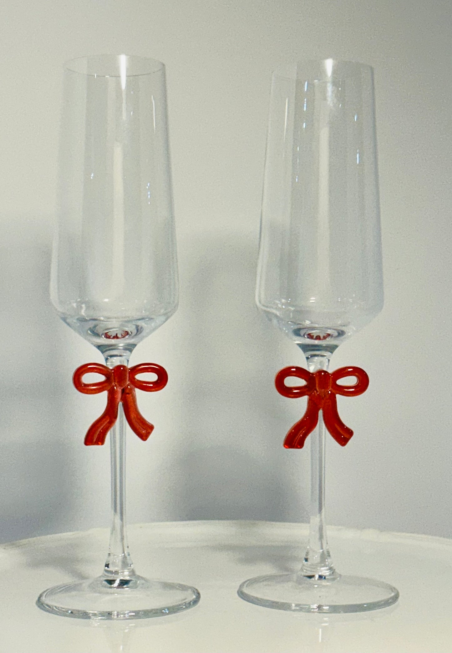 Set of 2 Red Bow Coquette Champagne Glasses 9.5” Tall, perfect for Weddings / Celebrations