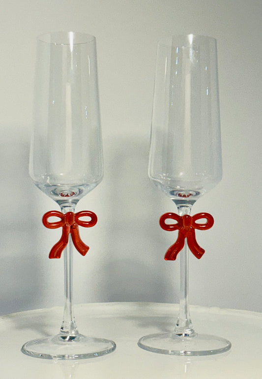 Set of 2 Red Bow Coquette Champagne Glasses 9.5” Tall, perfect for Weddings / Celebrations
