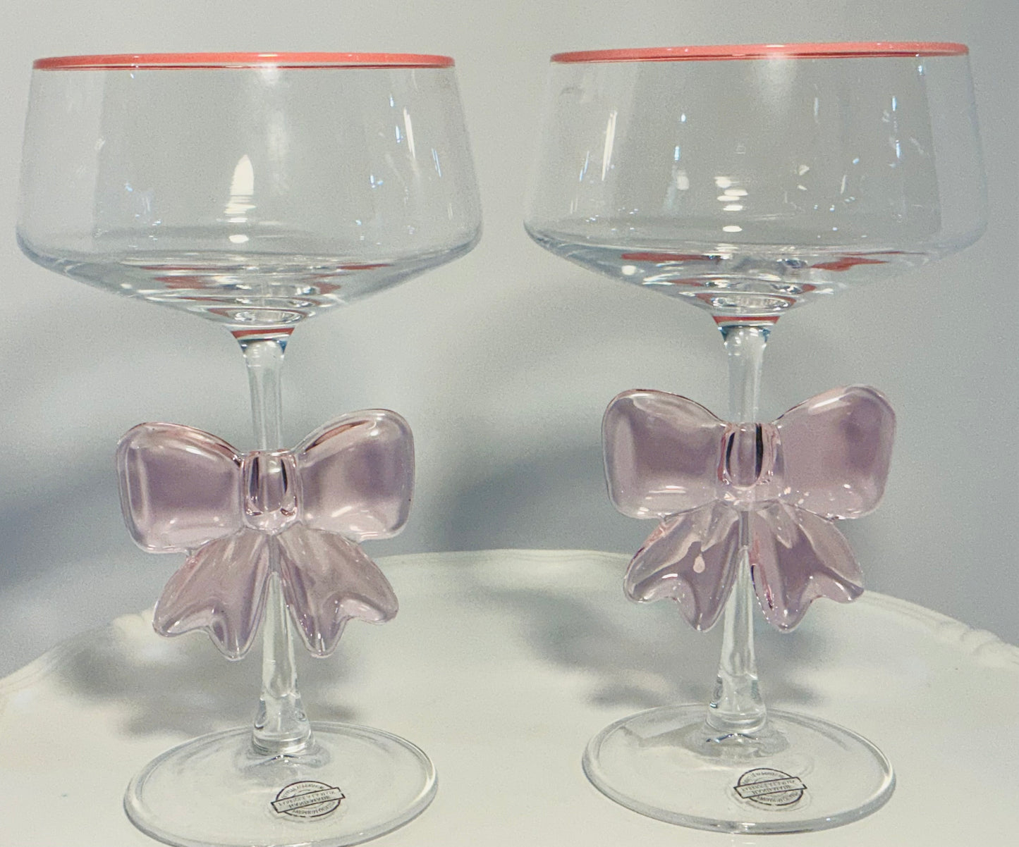 Set of 2 Coupe with Elegant Large Bow cocktail or Champagne Glasses 7” Tall