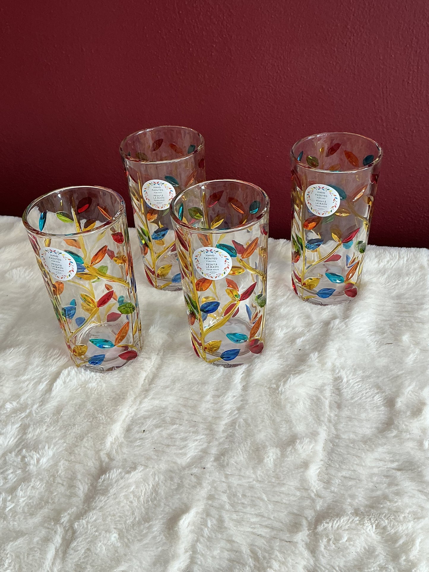 Milano Highball Glasses Set of 2 – Hand Painted Colorful Leaf Vine Design, New