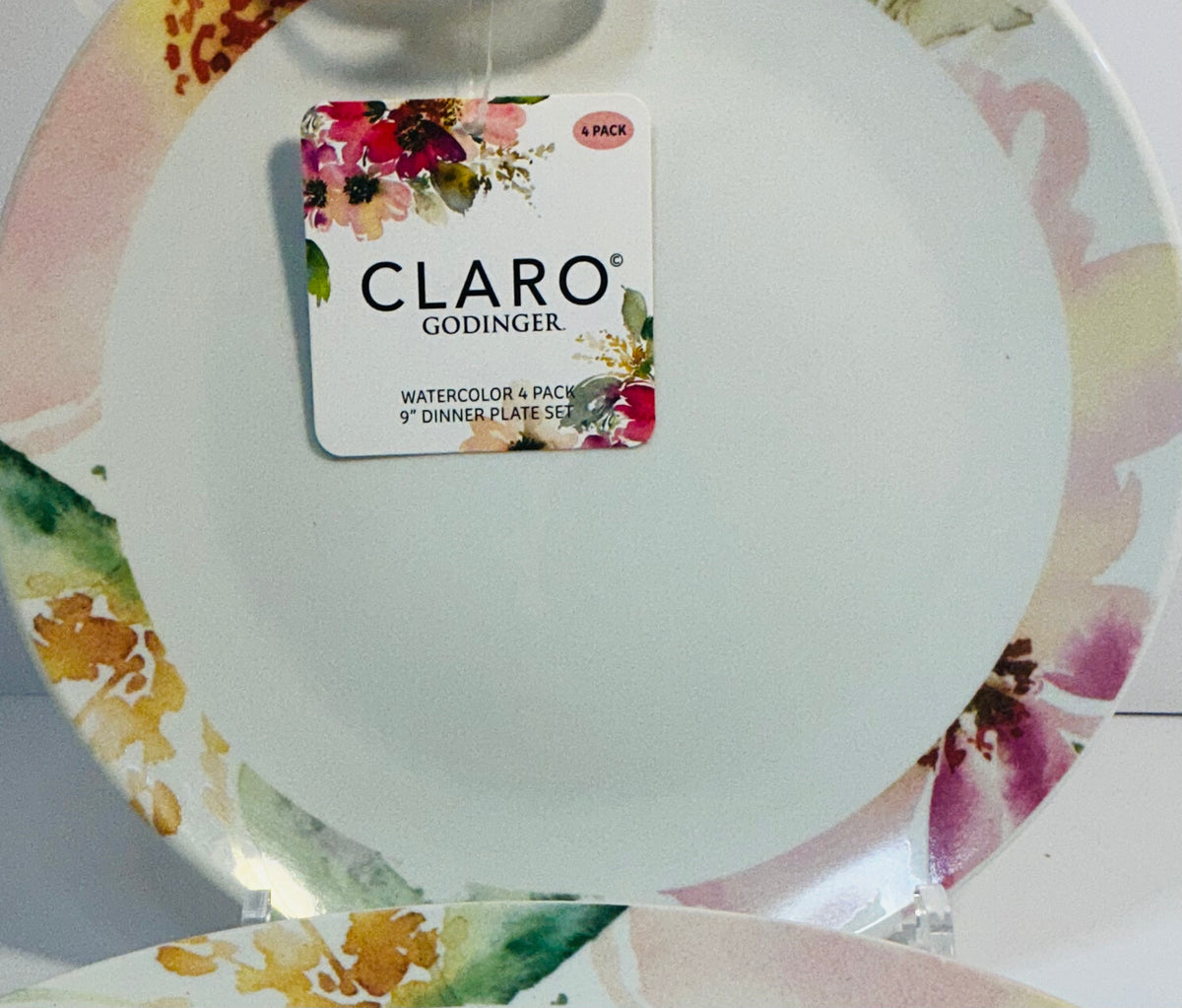 Godinger Claro Watercolor 9” Dinner Plate Set of 4 Fine Porcelain Floral