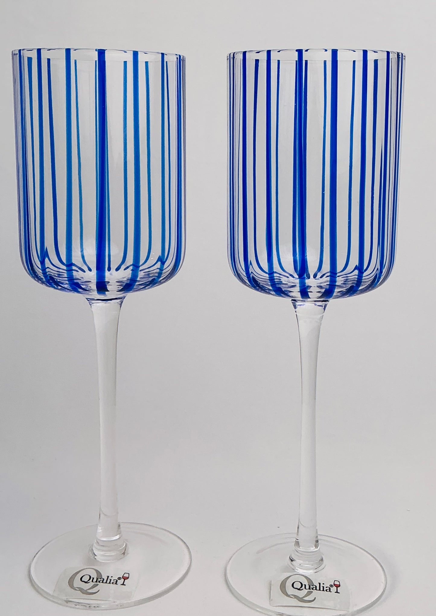 Qualia Glass Blue Striped “Posh” Wine Glasses-Set of 2- Hand-Blown Crystal 9”H