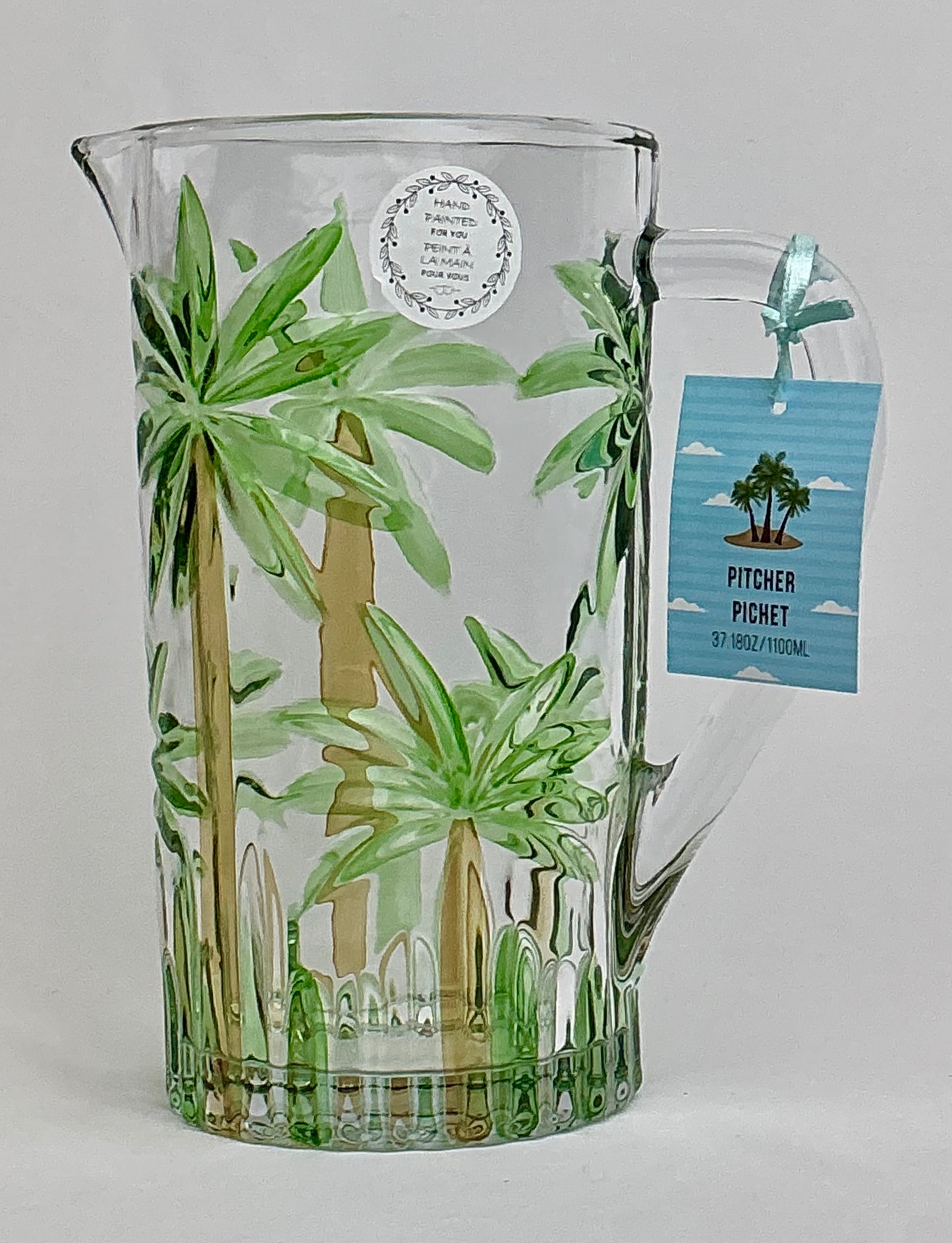 Retro Hand-Painted Tropical Palm Tree Glassware Set- 50fl oz- Pitcher & 4 or 6 Highball Glasses