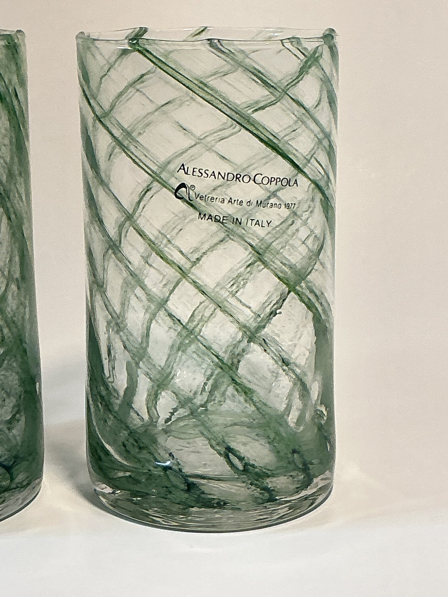 Set of 2 Arte Di Murano Green swirls Tumblers by Alessandro Coppola 16oz.Made in Italy