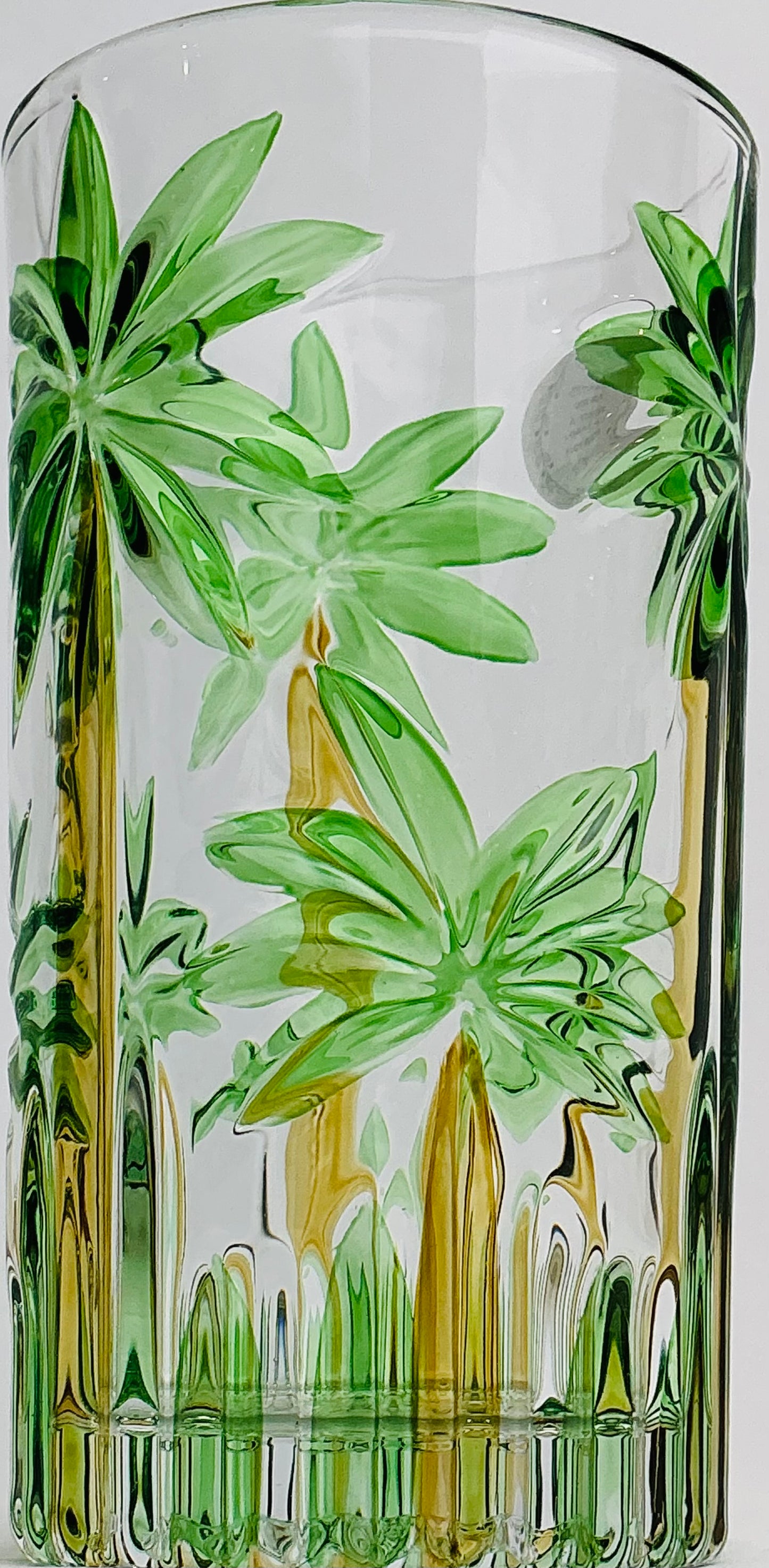 Retro Hand-Painted Tropical Palm Tree Glassware Set- 50fl oz- Pitcher & 4 or 6 Highball Glasses
