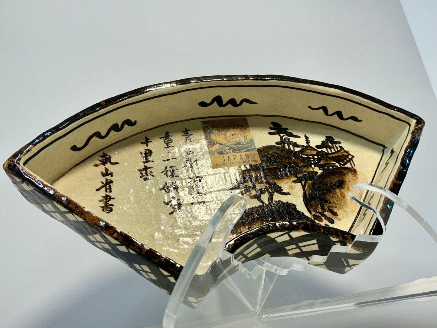 Vintage Japanese Kenzan-Ware Fan-Shaped Dish- Signed Ogata Kenzan Style, hand painted “Kenya”style mark on the base a tribute to the legendary 18th century master ogata kenzan. Traditional Kyoto-ware(kyo-yaki) characterized by its creamy crackle glaze han