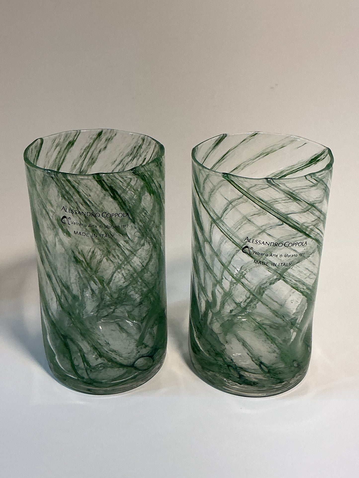 Set of 2 Arte Di Murano Green swirls Tumblers by Alessandro Coppola 16oz.Made in Italy