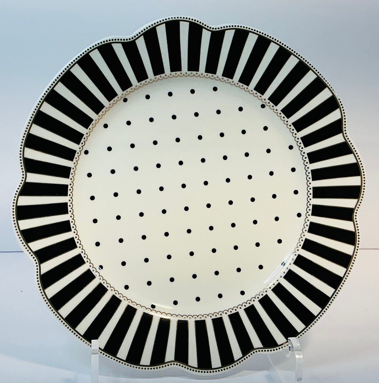 Grace’s Teaware Black & white Josephine Striped & Dots Collection, Set of 2 Plates ( 11” & 9”)