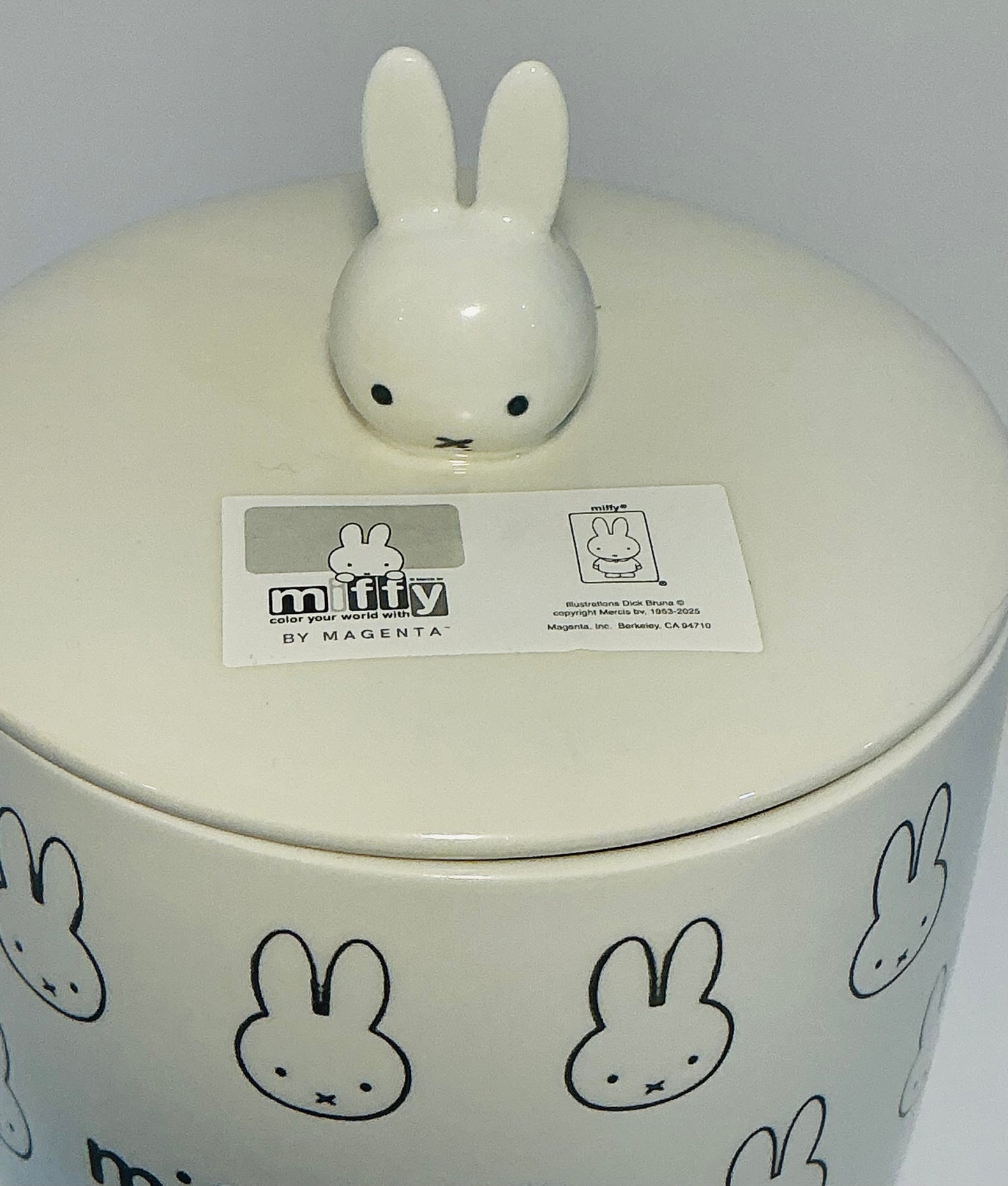 MIFFY by Magenta White and Gray Bunny Cannister/Jar w/ Lid. 6”W / 6”H (7.5” w/lid)